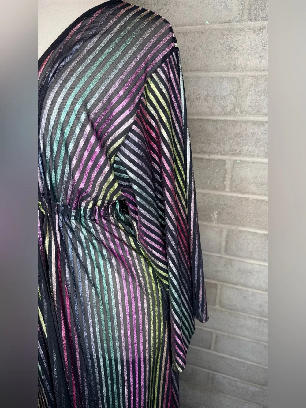TAMO Design L Metallic Rainbow Stripe Sheer Maxi Duster Kimono Festival